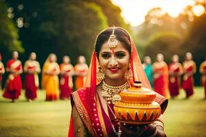 un mujer en tradicional indio vestir participación un maceta. generado por ai foto