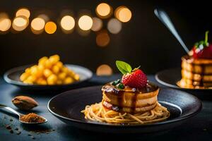 pancakes with strawberries and syrup on a plate. AI-Generated photo
