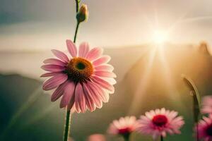 pink flowers in the sun with mountains in the background. AI-Generated photo