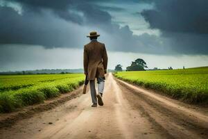a man in a hat and coat walking down a dirt road. AI-Generated photo