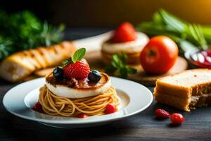 spaghetti with tomato sauce and cheese on a plate. AI-Generated photo