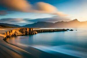 a long exposure photograph of the ocean and mountains at sunset. AI-Generated photo