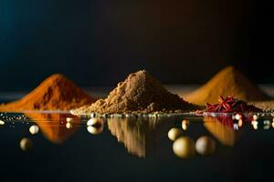 a variety of spices and spices are shown on a black background. AI-Generated photo