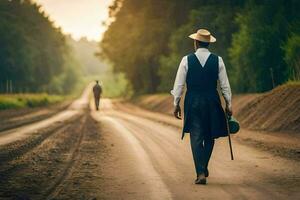 a man in a suit and hat walking down a dirt road. AI-Generated photo