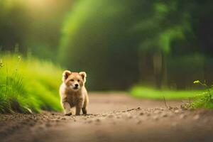 un perrito caminando en un suciedad la carretera en el medio de un campo. generado por ai foto