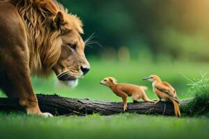 un león y dos pequeño aves en pie en un rama. generado por ai foto