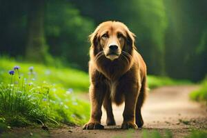 a golden retriever standing on a dirt road in the woods. AI-Generated photo