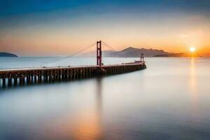 el dorado portón puente a puesta de sol. generado por ai foto