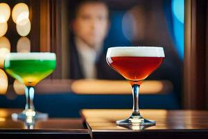 dos lentes de diferente de colores bebidas en un mesa. generado por ai foto