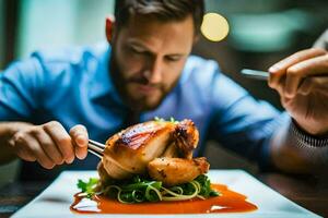 un hombre es comiendo un pollo en un lámina. generado por ai foto