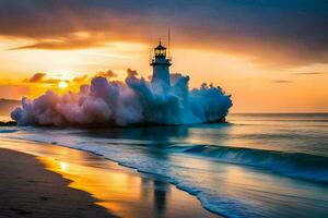 a lighthouse is shown in the sunset with a wave crashing into it. AI-Generated photo