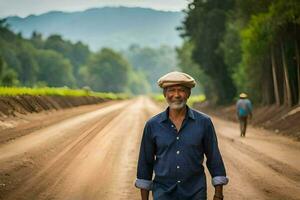 a man walking down a dirt road with a hat on. AI-Generated photo