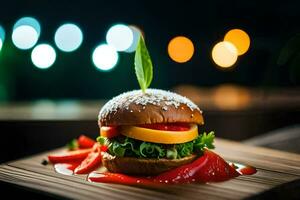 a hamburger with tomato, lettuce and cheese on a wooden plate. AI-Generated photo