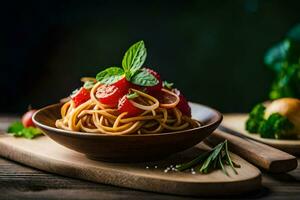 spaghetti with tomatoes and basil on a wooden table. AI-Generated photo