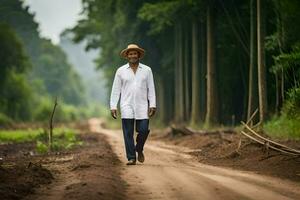 a man in a white shirt and hat walking down a dirt road. AI-Generated photo