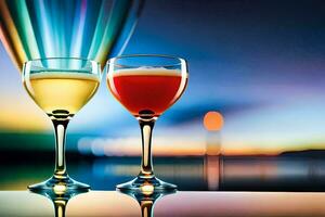 two glasses of wine are sitting on a table with a sunset in the background. AI-Generated photo