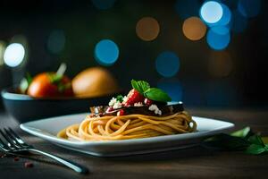 spaghetti with eggplant and tomato on a plate. AI-Generated photo