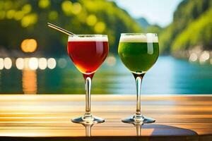 two glasses of green and red drinks on a table. AI-Generated photo