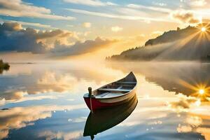 a boat is floating on a calm lake at sunrise. AI-Generated photo