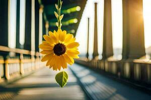 sunflower hanging from a bridge with the sun shining. AI-Generated photo