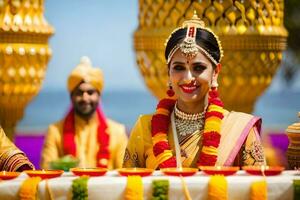 a bride and groom in traditional indian attire. AI-Generated photo