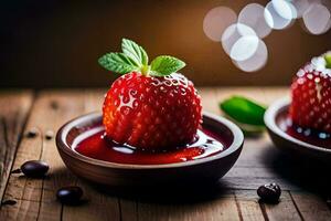 two strawberries are sitting in small bowls on a wooden table. AI-Generated photo