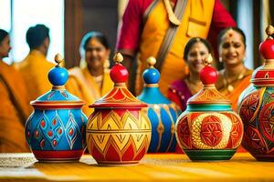 a group of people in traditional indian clothing are standing around a table with colorful vases. AI-Generated photo
