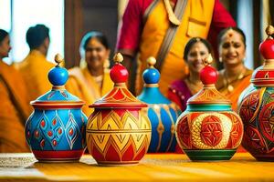 un grupo de personas en tradicional indio ropa son en pie alrededor un mesa con vistoso jarrones generado por ai foto