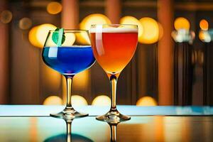 two glasses of colorful drinks on a bar. AI-Generated photo