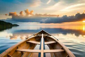 a canoe is floating on the calm water at sunset. AI-Generated photo