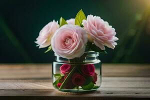 pink roses in a glass jar on a wooden table. AI-Generated photo