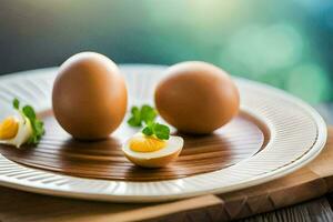 three hard boiled eggs on a plate. AI-Generated photo