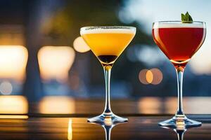 two cocktails sit on a table in front of a blurry background. AI-Generated photo
