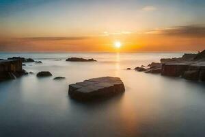 the sun sets over the ocean in this long exposure photograph. AI-Generated photo