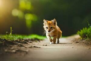 un pequeño zorro caminando a lo largo un suciedad la carretera. generado por ai foto