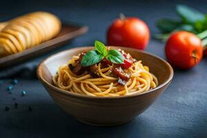 spaghetti with tomato sauce and basil leaves in a bowl. AI-Generated photo