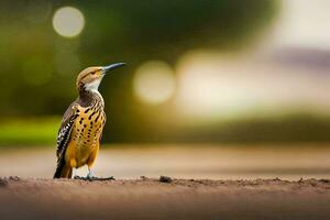 a bird standing on the ground with a blurry background. AI-Generated photo