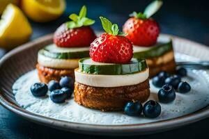 three small cakes with strawberries and blueberries. AI-Generated photo