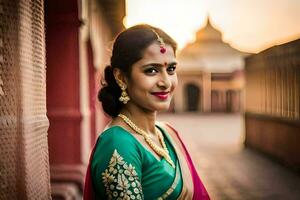 a beautiful indian woman in a sari poses for the camera. AI-Generated photo