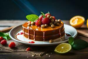 a cake with strawberries and oranges on a plate. AI-Generated photo