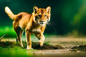 un marrón Tigre caminando a través de un campo. generado por ai foto