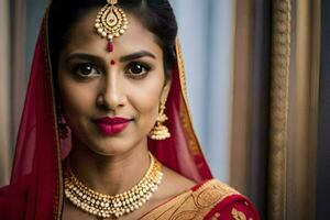 un hermosa indio mujer vistiendo un rojo sari y joyas. generado por ai foto