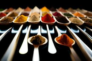 spoons with different types of spices on them. AI-Generated photo