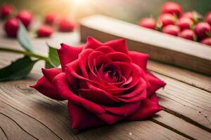 a red rose on a wooden table with berries. AI-Generated photo