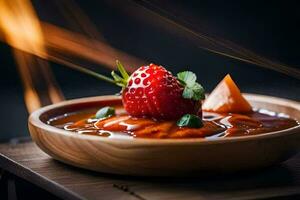 a bowl of food with strawberries and a sauce. AI-Generated photo