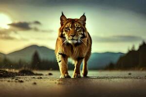 a large cat walking across the road. AI-Generated photo