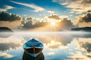 a boat on a calm lake at sunrise. AI-Generated photo