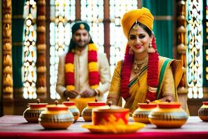 a bride and groom in traditional indian attire. AI-Generated photo