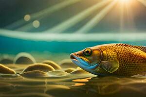 a fish swimming in the water with a sun shining. AI-Generated photo