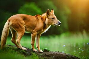 a dog standing on a rock in the grass. AI-Generated photo